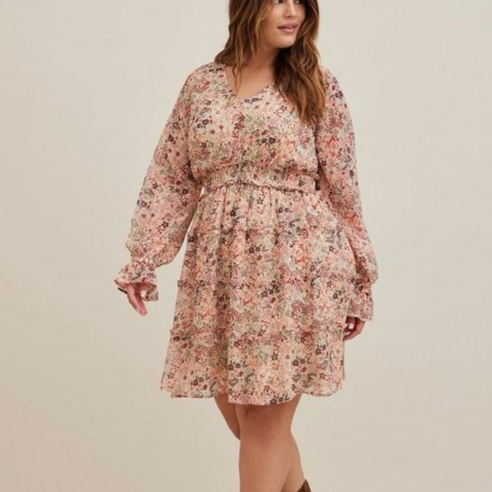 Torrid Floral Lures Chiffon Tiered Long Sleeve Pockets Dress Size 1X